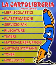 Annuncio di cartolibreria con lista servizi: libri, plastificazioni, fax, rilegature, timbri, ecc.