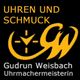 "Logo: Uhren und Schmuck, Gudrun Weisbach, Uhrmachermeisterin in Gelb und Weiß auf Schwarz."