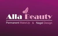 Lila Logo mit Schriftzug "Alla Beauty" und einem Schmetterling, Text zu Permanent MakeUp und Nageldesign.