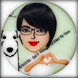 Eine gezeichnete Person mit Brille und Hund. Der Text lautet "HERZENS-Gut & Hübsch" und mehr.