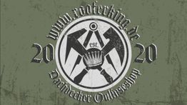 Logo mit Symbolen, dem Text "www.rooferking.de" und "Dachdecker Outwareshop" auf grünem Hintergrund.
