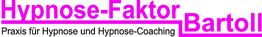 Text: "Hypnose-Faktor Bartoll, Praxis für Hypnose und Hypnose-Coaching" in pink und schwarz.