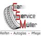 Logo von Car Service Müller mit Reifenbild, Text: "Reifen, Autoglas, Pflege".