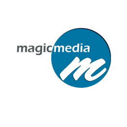Blaues Logo mit weißem "m" und der Aufschrift "magic media".
