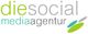 Logo: Text "die social media agentur" in verschiedenen Farben mit drei ovalen Formen rechts.