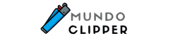 Encendedor azul al lado de las palabras "Mundo Clipper" en fondo azul.