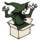 Hexe mit grünem Hut und Kleid springt aus einer geöffneten Kiste, Arme erhoben.