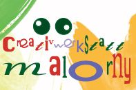 Bunte Buchstaben und Formen bilden die Wörter "Creative Workspace Malorny" auf farbigem Hintergrund.