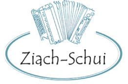 Logo mit Akkordeon-Skizze und Schriftzug „Ziach-Schui“ in ovalem Rahmen.