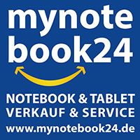 Blaues Logo "mynotebook24" mit gelbem Pfeil, Text: Notebook & Tablet Verkauf & Service.
