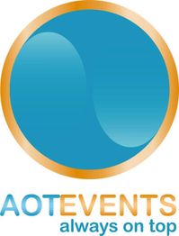 Logo met blauwe cirkel en tekst: "AOT Events, always on top".