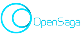 Logo de OpenSaga con círculos azules entrelazados a la izquierda del texto.