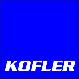 Blaues Quadrat mit weißem Text: "KOFLER".