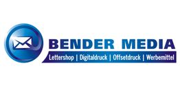 Logo von Bender Media mit Icons für Briefumschlag, Dienste: Lettershop, Digitaldruck, Offsetdruck.