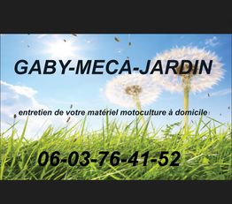 Texte : GABY-MECA-JARDIN, entretien motoculture. Numéro : 06-03-76-41-52. Pissenlits au soleil.