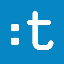 Ein blaues Quadrat mit einem weißen Doppelpunkt und einem kleinen "t".