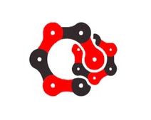 Icono de cadena de bicicleta en rojo y negro entrelazada sobre un fondo blanco.