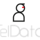 Logo van TelData met gestileerd persoon en rode stippen.
