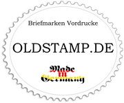 Weiße runde Briefmarken-Vorlage mit Text "OLDSTAMP.DE" und "Made in Germany" in Schwarz und Rot.