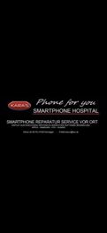 Werbeschild für "Kara's Smartphone Hospital", Reparaturservice für Mobiltelefone.
