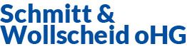 Schriftzug "Schmitt & Wollsheid oHG" in blauer Farbe auf weißem Hintergrund.