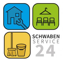 Drei Icons: Haus mit Schraubenschlüssel, Kleiderbügel mit Stuhl, Besen mit Eimer. Text: "Schwaben Service 24".