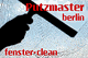 Schatten eines Fensterreinigers, Text: „Putzmaster Berlin, fenster-clean“.