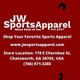 JW Sports Apparel advertisement with location, website, and contact number on a red background.