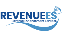Logo with "REVENUEES" and text "Revenue Enhancement Services" in blue with wave design.