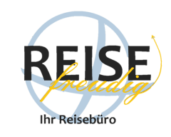 Logo mit Schriftzug "REISEfreudig, Ihr Reisebüro" vor Globus-Design.