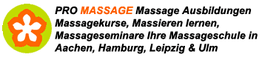 Logo und Text: "PRO MASSAGE" mit Standorten in Aachen, Hamburg, Leipzig und Ulm für Massagekurse.