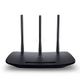 Black Wi-Fi router with three antennas, front view on a white background.