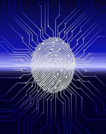 Impronta digitale stilizzata su sfondo blu con linee di circuito elettronico.