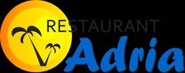 Logo des Restaurants Adria, Sonne mit Palmen und Schriftzug in Blau.
