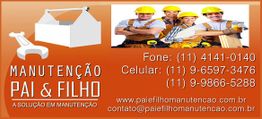 Cartão de visita laranja de "Manutenção Pai & Filho" com contatos e imagem de operários.