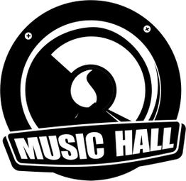 Logotipo preto e branco de alto-falante com as palavras “Music Hall” em destaque.