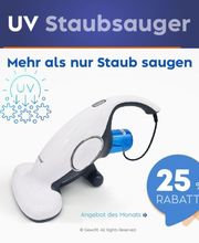 Ein weißer UV-Staubsauger mit 25% Rabatt, beworben als Angebot des Monats.