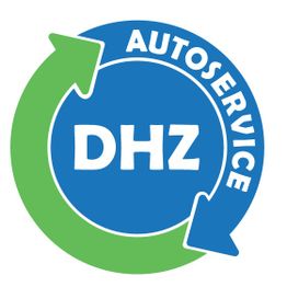 Logo met cirkelpijlen, tekst "DHZ Autoservice" op blauwe achtergrond.