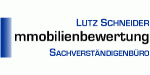 Logo mit Text: "Immobilienbewertung", "Lutz Schneider", "Sachverständigenbüro", blauer Streifen.