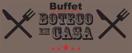 Imagem de logo: "Buffet Boteco em Casa" com garfos e facas cruzados e cinco estrelas vermelhas.