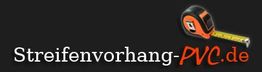 Logo mit Schriftzug "Streifenvorhang-PVC.de" und einem Maßband auf schwarzem Hintergrund.