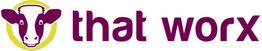 Logo mit violettem Schriftzug "that worx" und Kuhkopf im gelben Kreis.