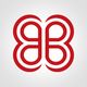 Logotipo simétrico em vermelho com formas interligadas que lembram a letra "B" no centro.