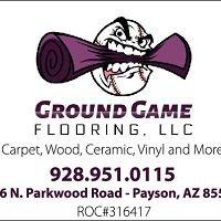Logo for Ground Game Flooring LLC with contact info and flooring types listed.