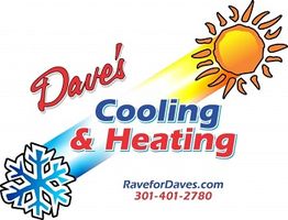 Dave's Cooling & Heating logo with sun, snowflake, and contact info.
