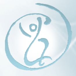 Abstraktes blaues Symbol in Kreisform auf weißem Hintergrund.