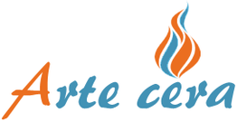 Logo mit dem Text "Arte cera" in Orang-Blau, daneben eine stilisierte Flamme in den gleichen Farben.