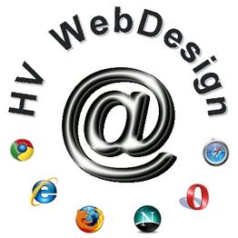 Logos von Webbrowsern umgeben ein großes @ und den Text "HV WebDesign".