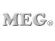 Logo mit den Buchstaben "MEG" in weißem, glatten Stil, gefolgt von einem kleinen eingekreisten R.