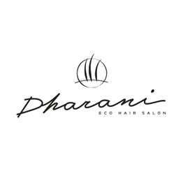Logo con il testo "Dharani Eco Hair Salon" e un disegno stilizzato sopra. Sfondo bianco.